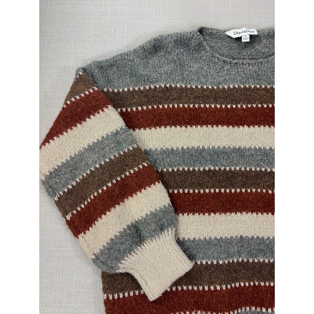Davi & Dani Women's Knit Sweater Gray Brown Cream Striped Size Small - Picture 2 of 16